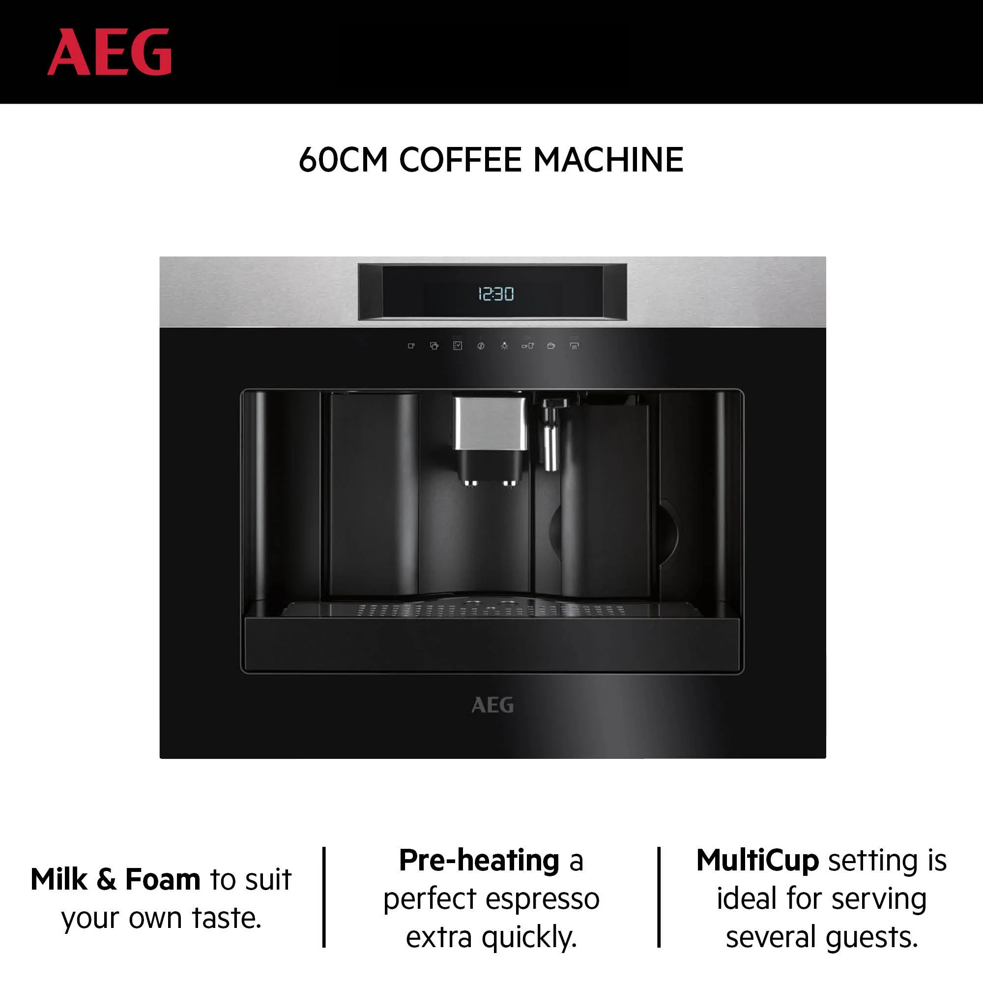 AEG Built-in Coffee Machine 60cm, pre-heating function, Multicup setting, 2.5 litre tank, Black, KKK884500M - Image 3