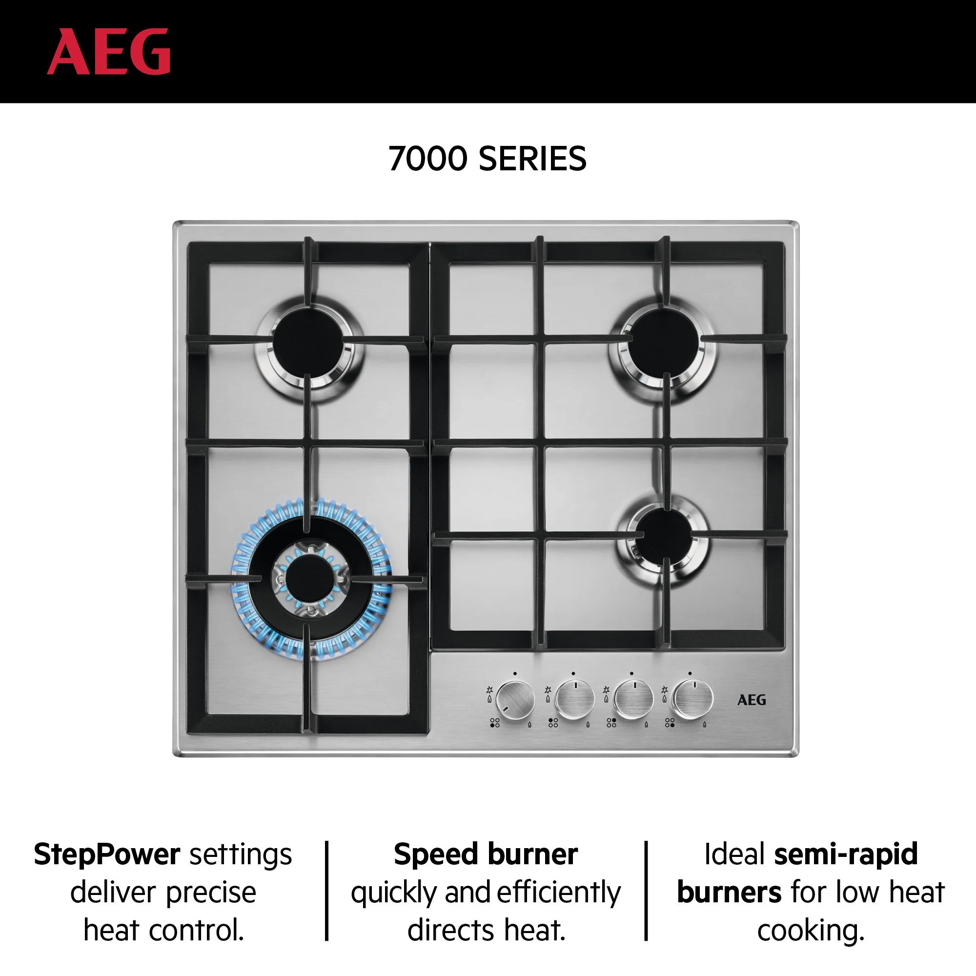 AEG Built-in Gas Hob 60cm, 4 Burner, Stainless Steel, Black, HGB64420SM - Image 2