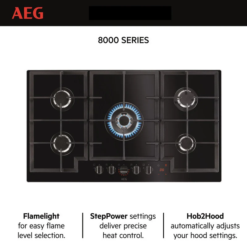 AEG Built-in Gas Hob 90cm, 5 Burner, Glass Finish, Black, HKB95450NB - Image 2