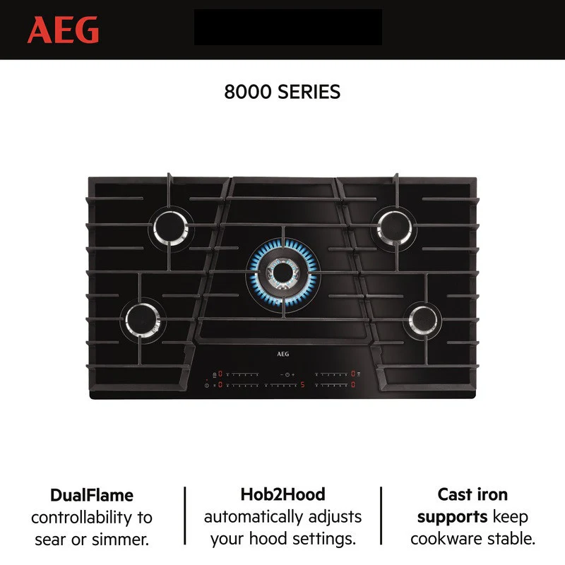 AEG Built-in Gas Hob 90cm, 5 Burner, Glass Finish, Touch Control, Black, HVB95450IB - Image 2