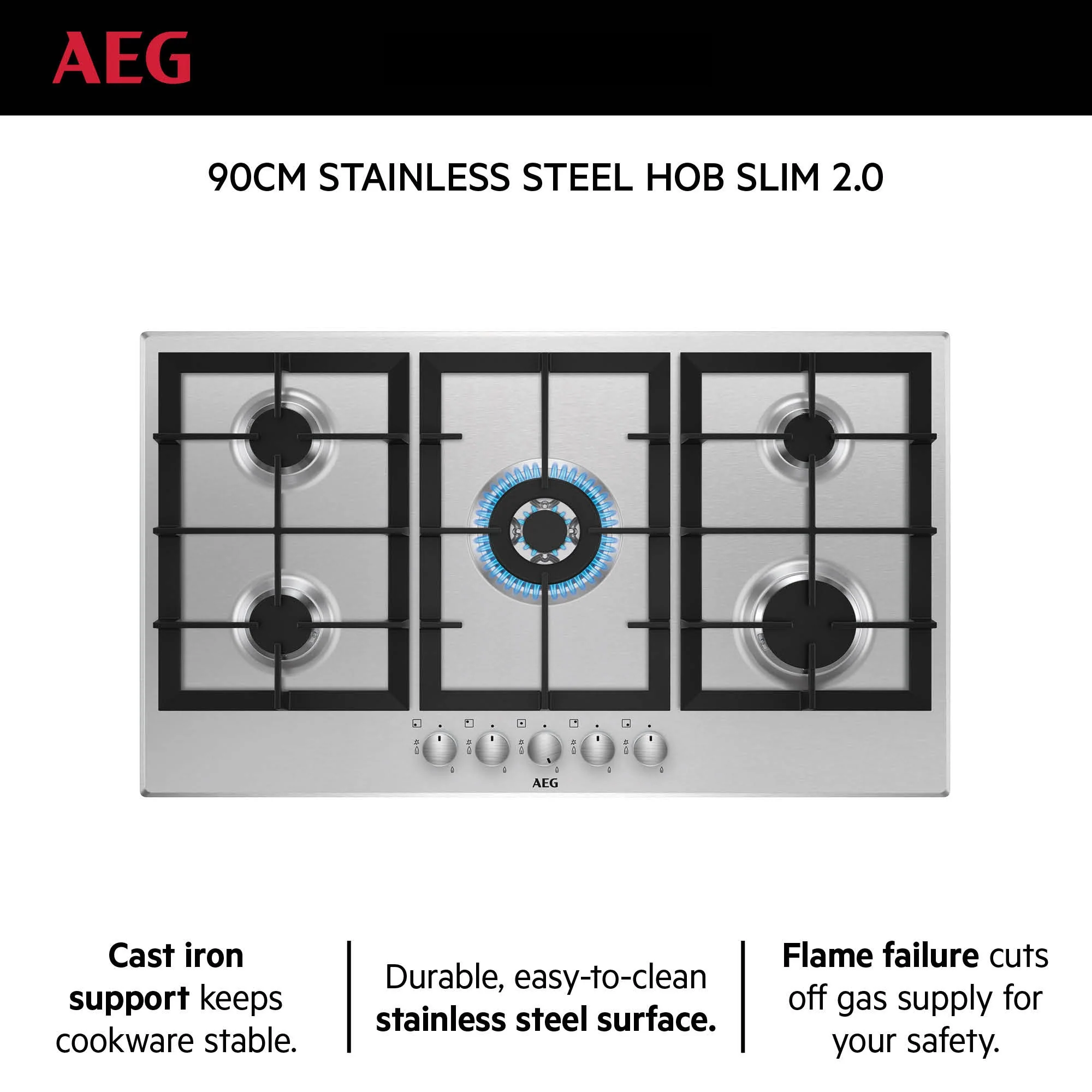 AEG Built-in Gas Hob 90cm, 5 Burner, Stainless Steel, Black, HGB95320SM - Image 2