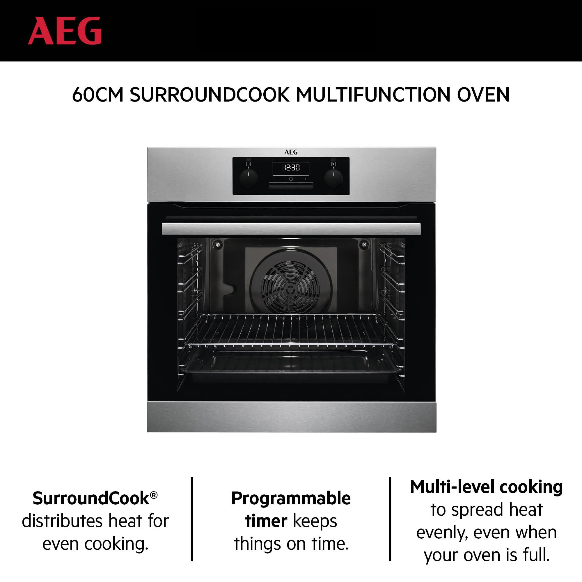 AEG Built-in Multifunction Gas Oven 60cm, XL baking tray, Easy-clean, Thermic Air system, Black, BEB231011M - Image 2