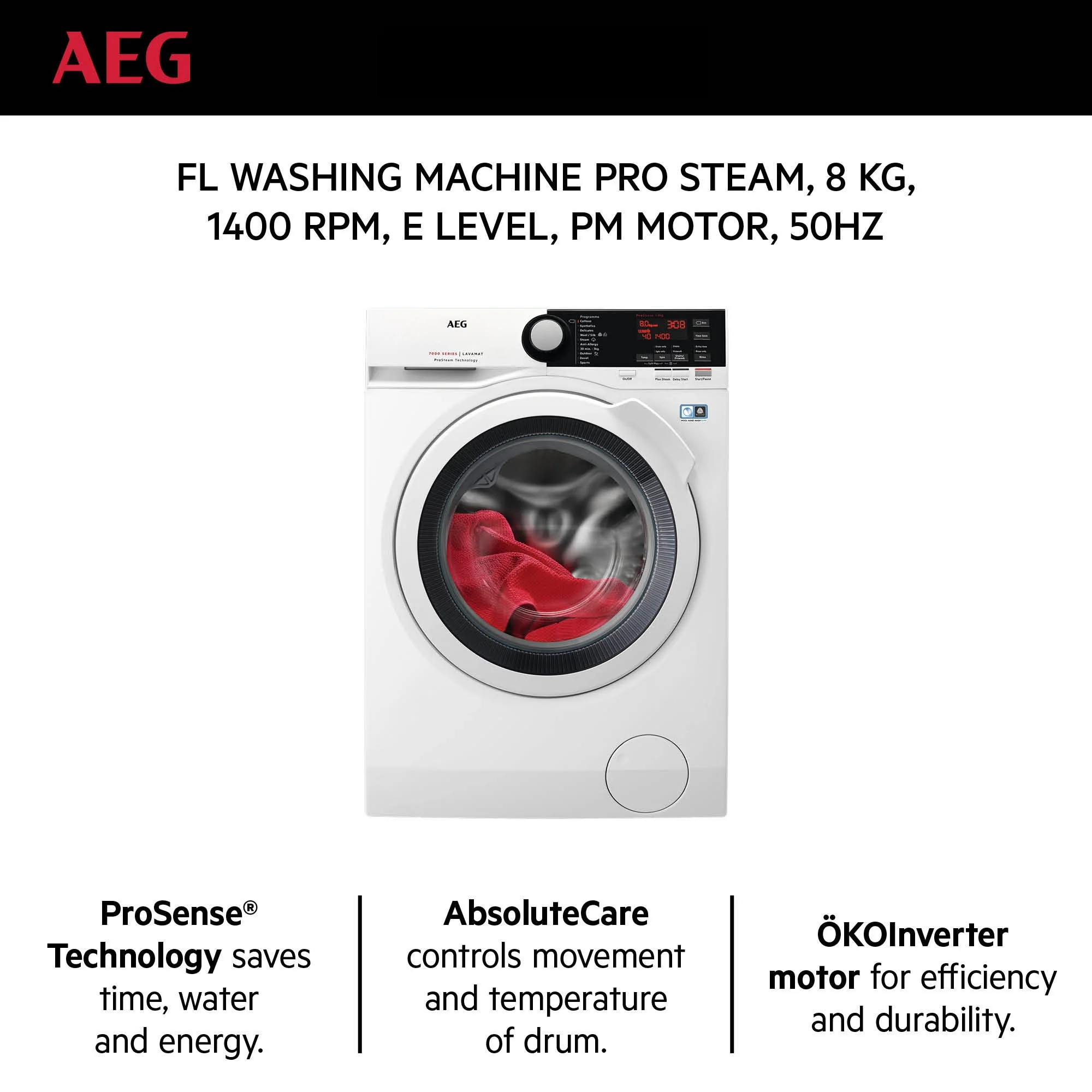AEG Front Load Washing Machine 8 kg, 1400RPM, Pro Steam, White, LFB7E8431B - Image 2