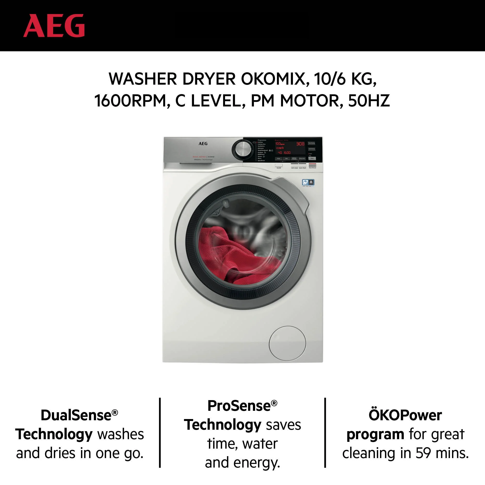 AEG Standalone Front Load Washer Dryer 10 kg, Free standing, Prosense technology, Stain Removal, Eco Wash, White, LWX8C1612W - Image 5
