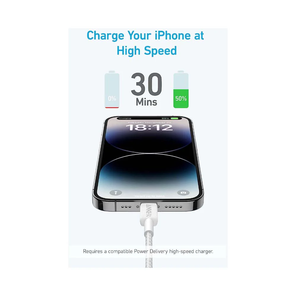 Anker Data Sync and Charge Cable Lightning To USB-C CBL 0.9m White - Image 2