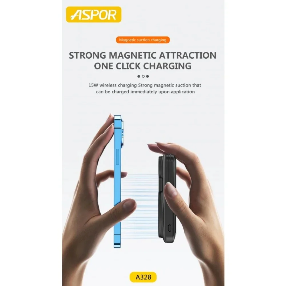 Aspor Wireless Magnetic Power Bank with Built in Cables 10000mAh Black - Image 3