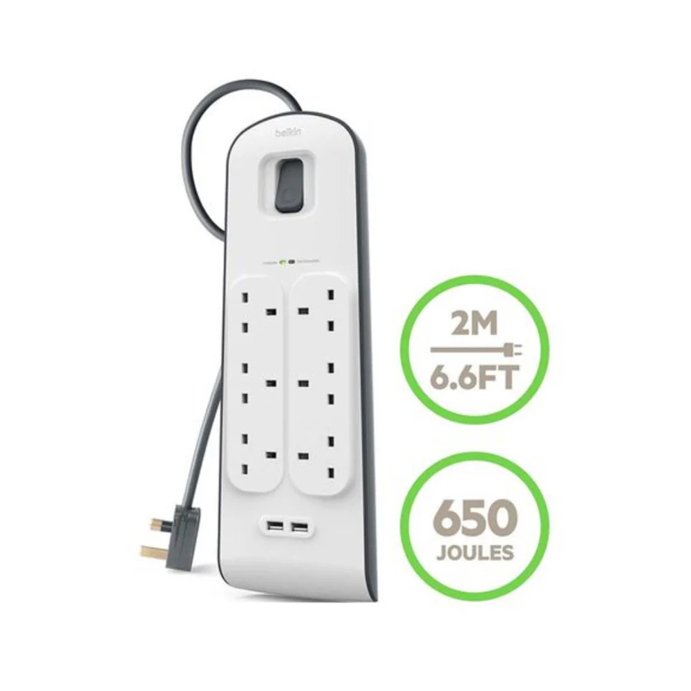 Belkin 6 Way Surge Protection Strip With 2 USB Charging White - Image 2