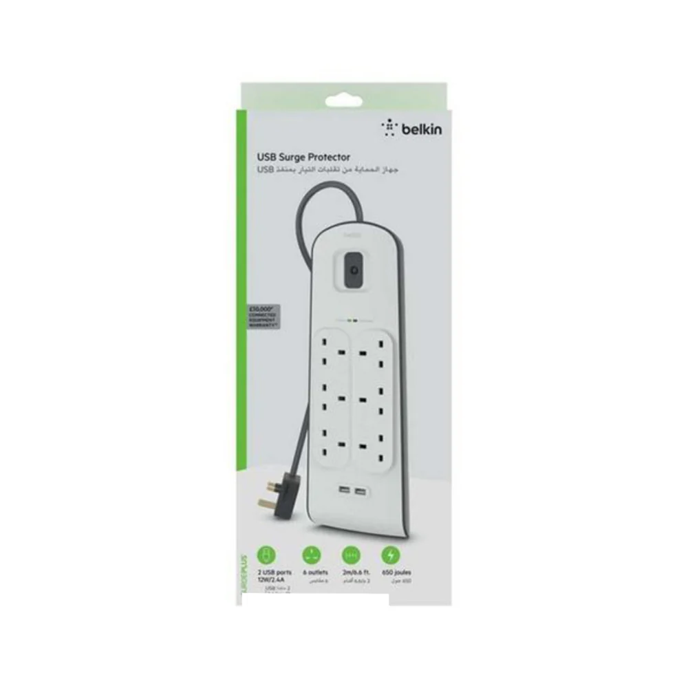 Belkin 6 Way Surge Protection Strip With 2 USB Charging White - Image 3