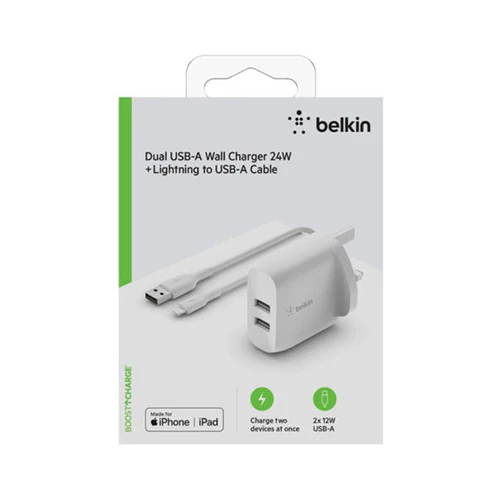Belkin Boost Charge Dual USB-A Wall Charger With Lightning To USB-A Cable White - Image 5
