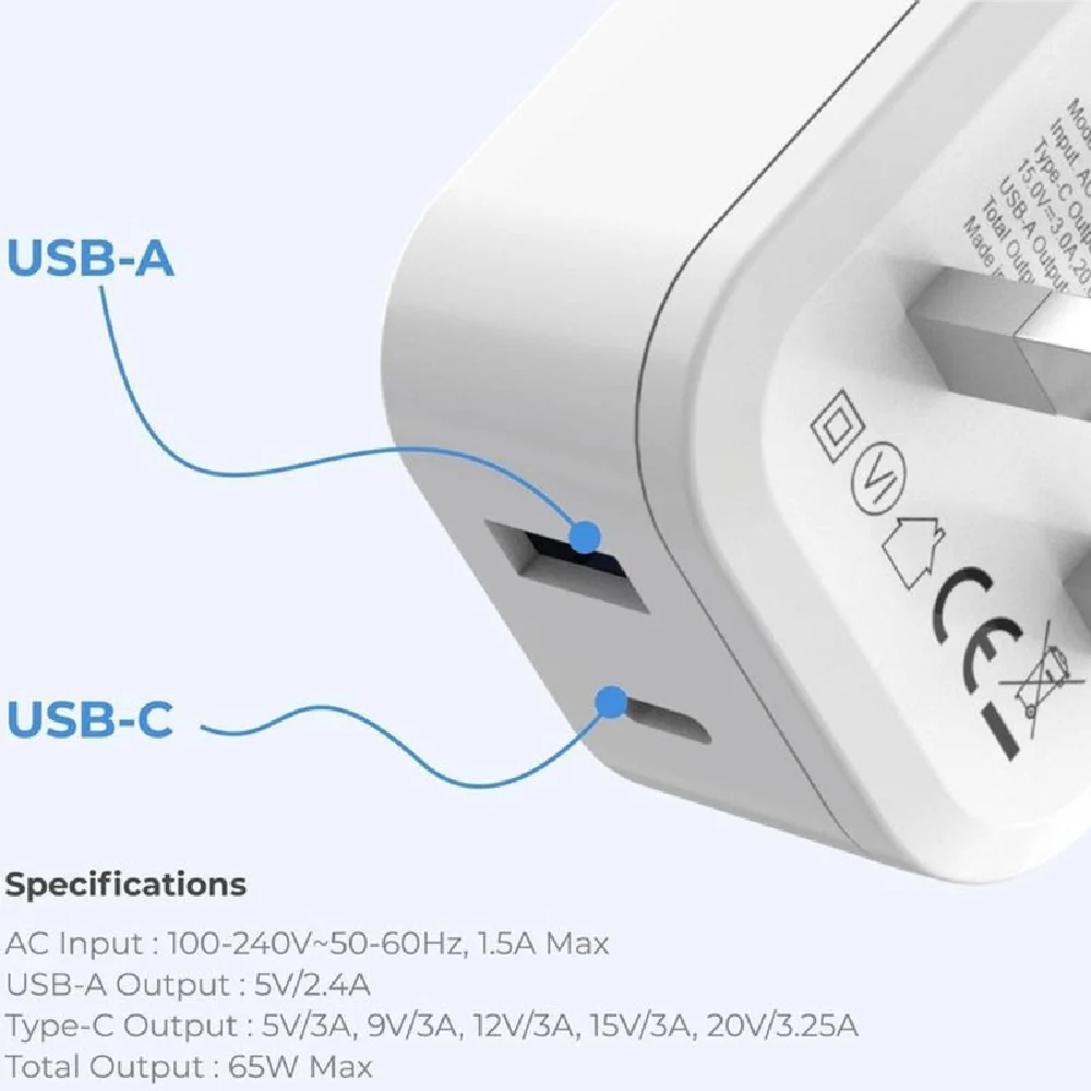 Blupebble 2-Port PD Gan Fast Charger Plug 65W White - Image 6