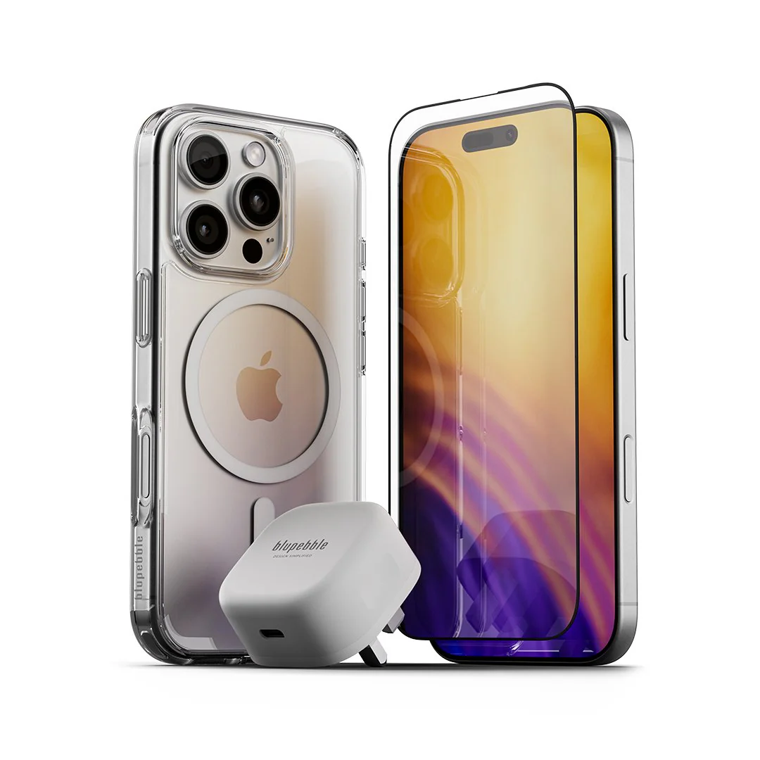 Blupebble Bundle Crystal Case + Graphene Tempered Glass + 30W GaN Charger for iPhone 16 Pro, Clear