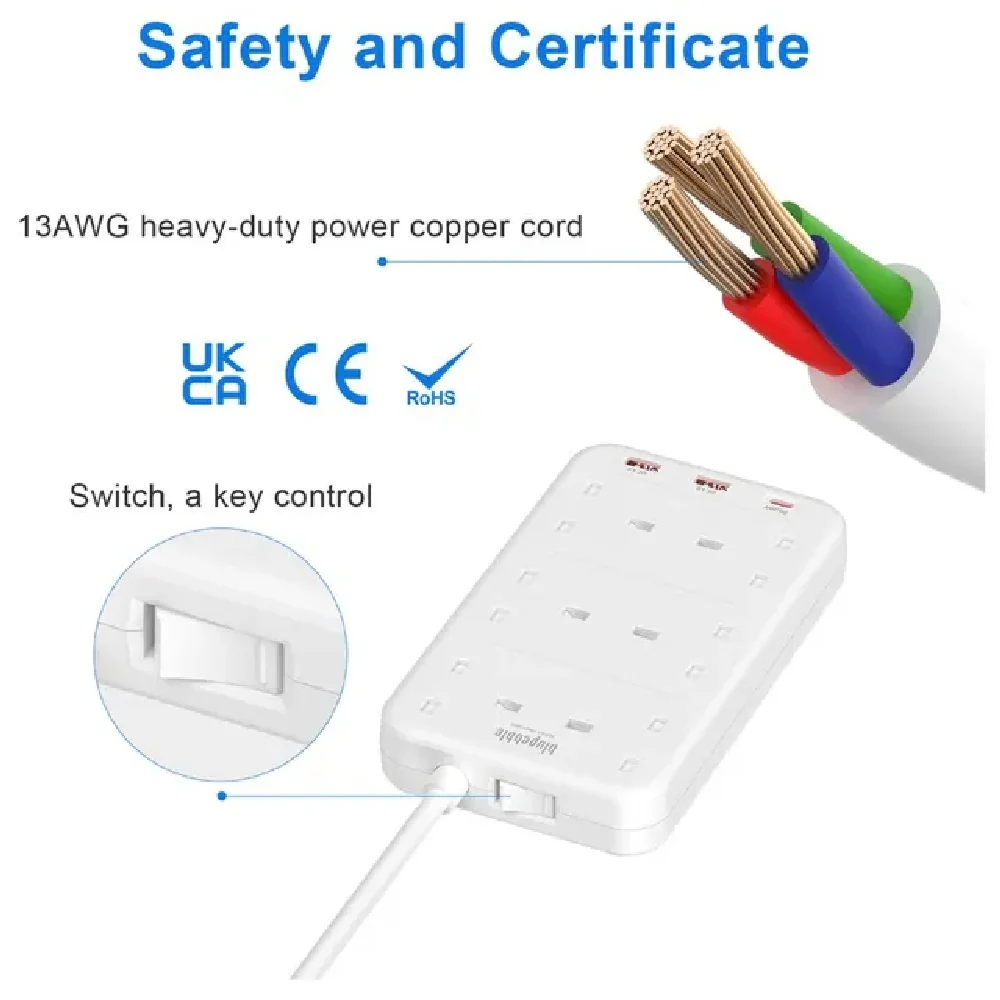 Blupebble 6 Plug Surge Protection Power Strip White - Image 4