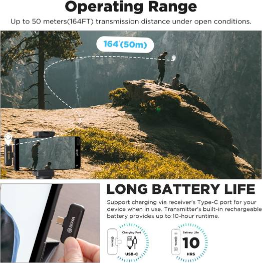 Boya Wireless Dual Channel Microphone, Omnidirectional Built-in Mic, 50m Operating Range, Automatic Pairing, 10 Hour Runtime, Noise Cancellation, USB Type-C Connector, Black, BY-WM3T2-U2 - Image 2