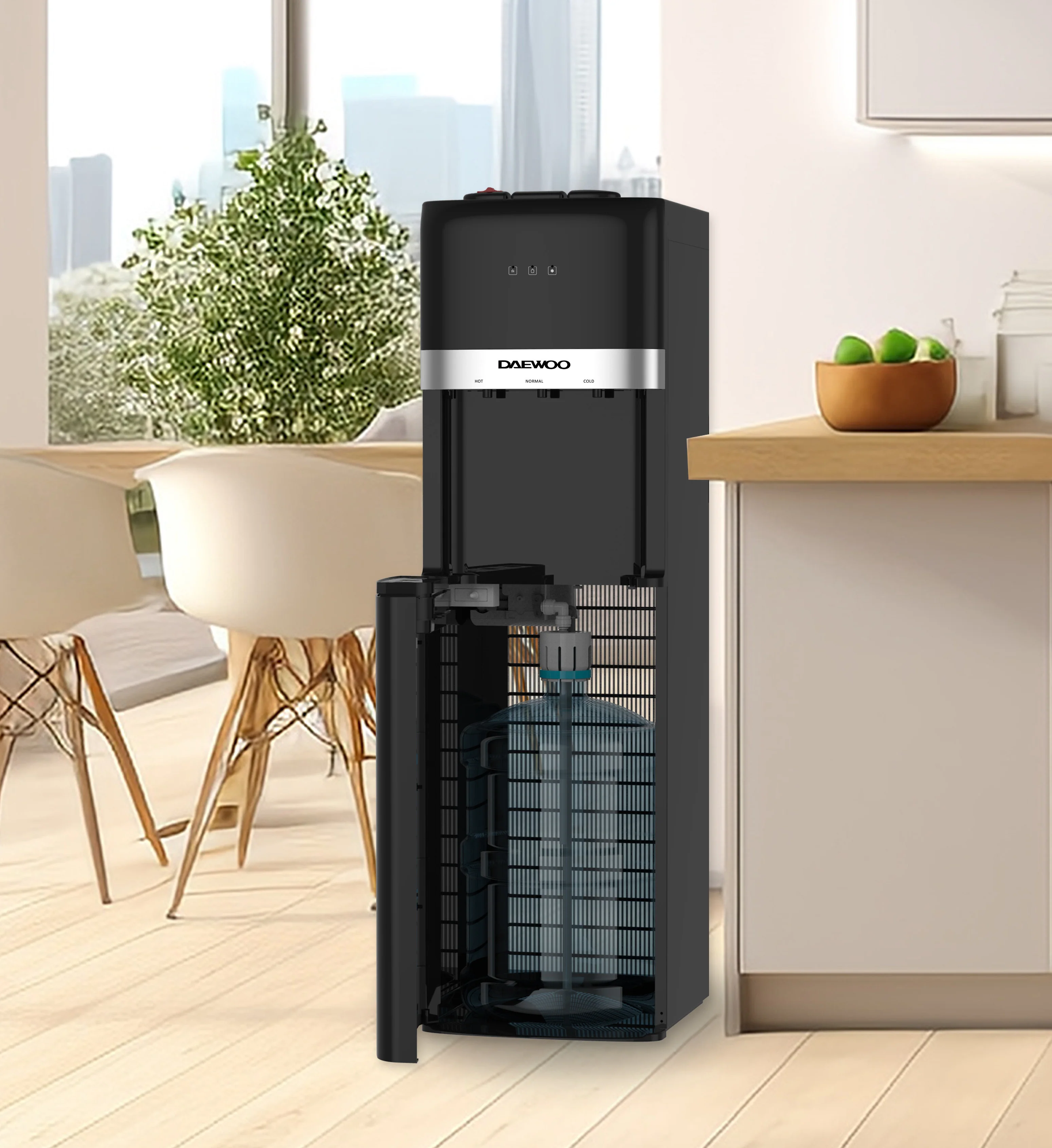 Daewoo Bottom Load Water dispenser with hot, cold and room temperature taps, Bottom loading, Bottle cabinet, Rapid heating, 2 Litre, Low Energy consumption, Black, DWD 601B