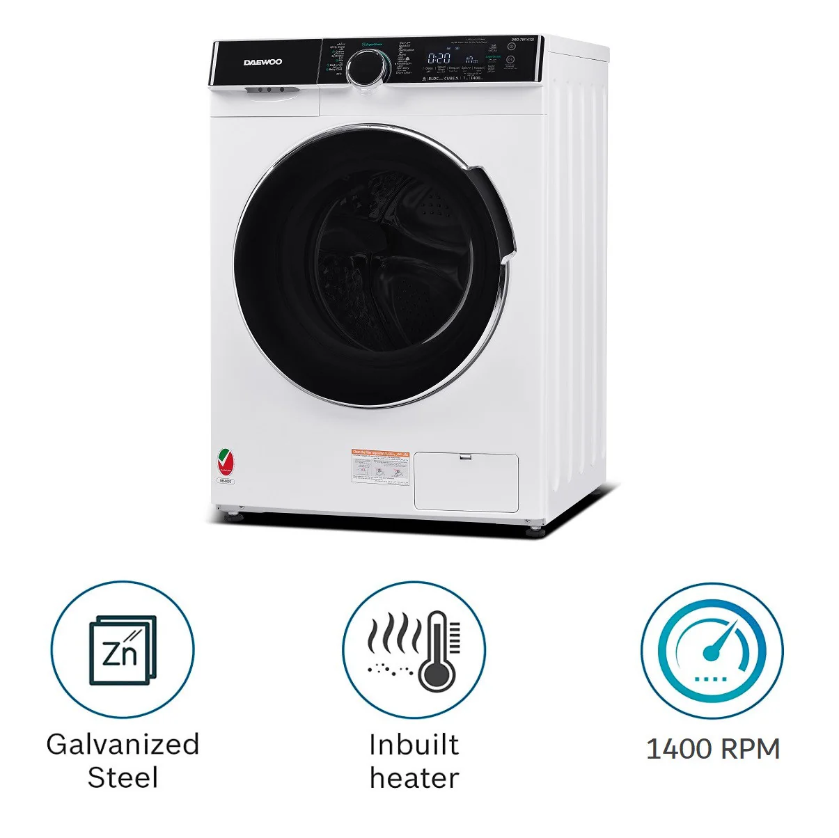 Daewoo Front Load Washing Machine 7 kg, Super cube drum, Drum Clean, Night Wash, BLDC Inverter Motor, Super Steam, 1400RPM, White with Black Door, DWD-7W1412I - Image 2