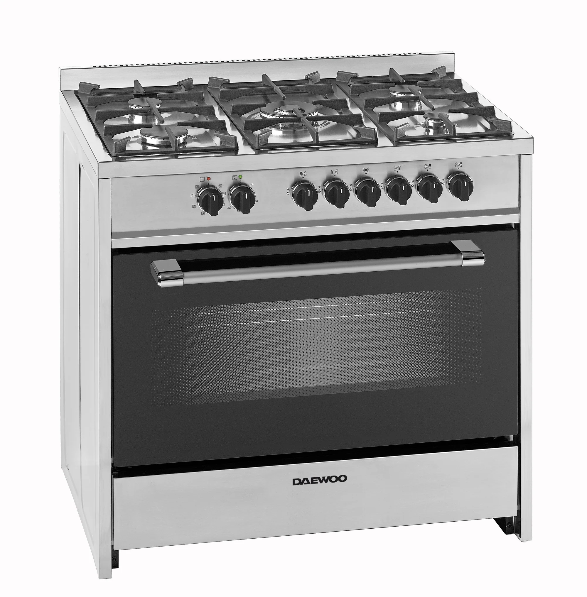 Daewoo Multifunction Gas Cooker with Electric Oven 60cm, cast iron, Full safety, double ring burner, Sabaf burners, convection fan, 90 Litre Capacity, Electric oven, Stainless steel, DGE-S965HE