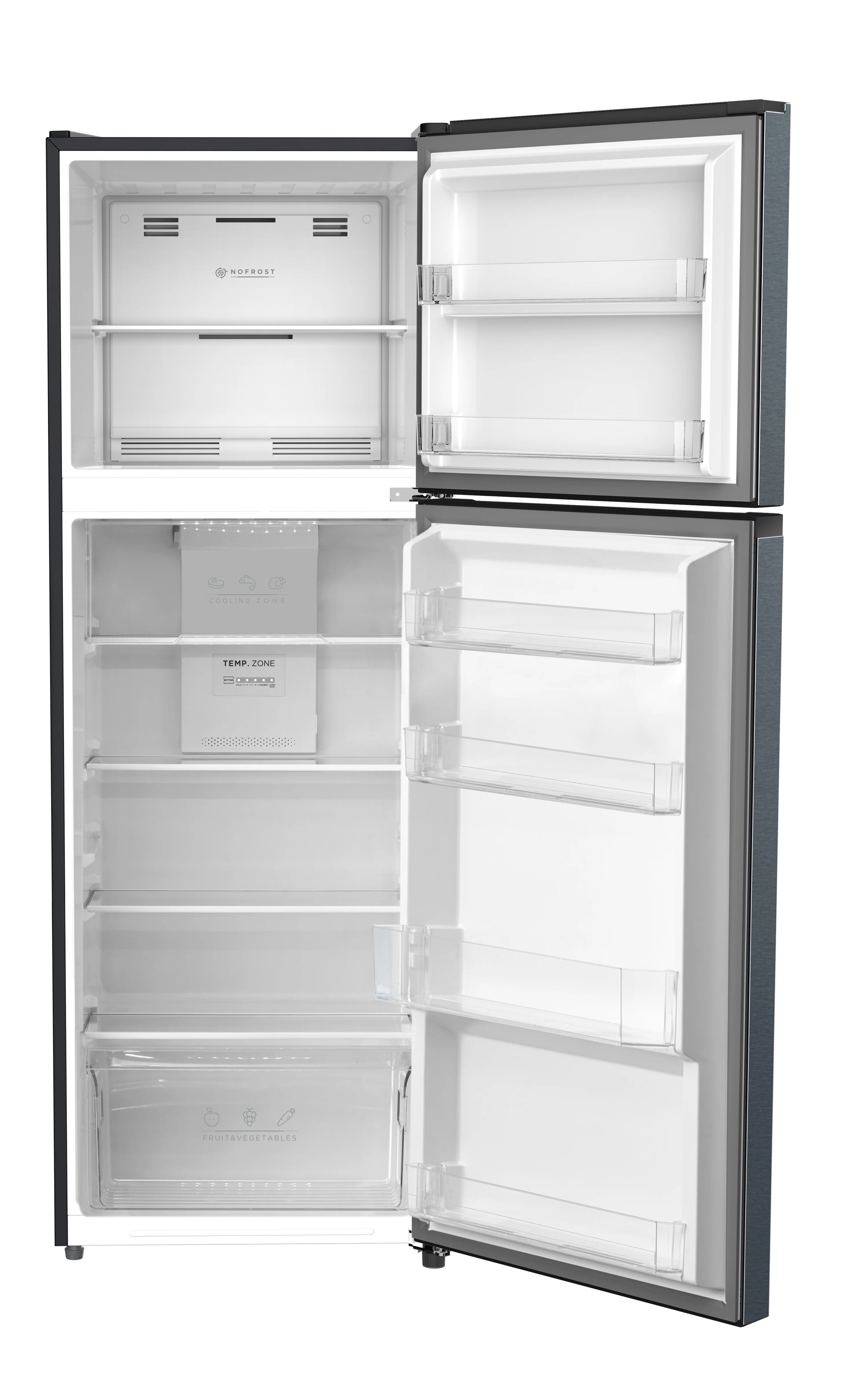 Daewoo Top Mount Refrigerator 266L Capacity, No-Frost, Powerful compressor, Tempered glass, Manual Control, Stainless Steel, FR-390VSN