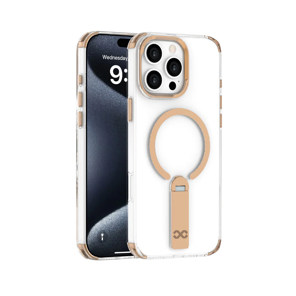 Infinyty Aurum Transparent Case with Gold Metal Camera Ring & Stand for iPhone 16 Pro Max, Desert Titanium