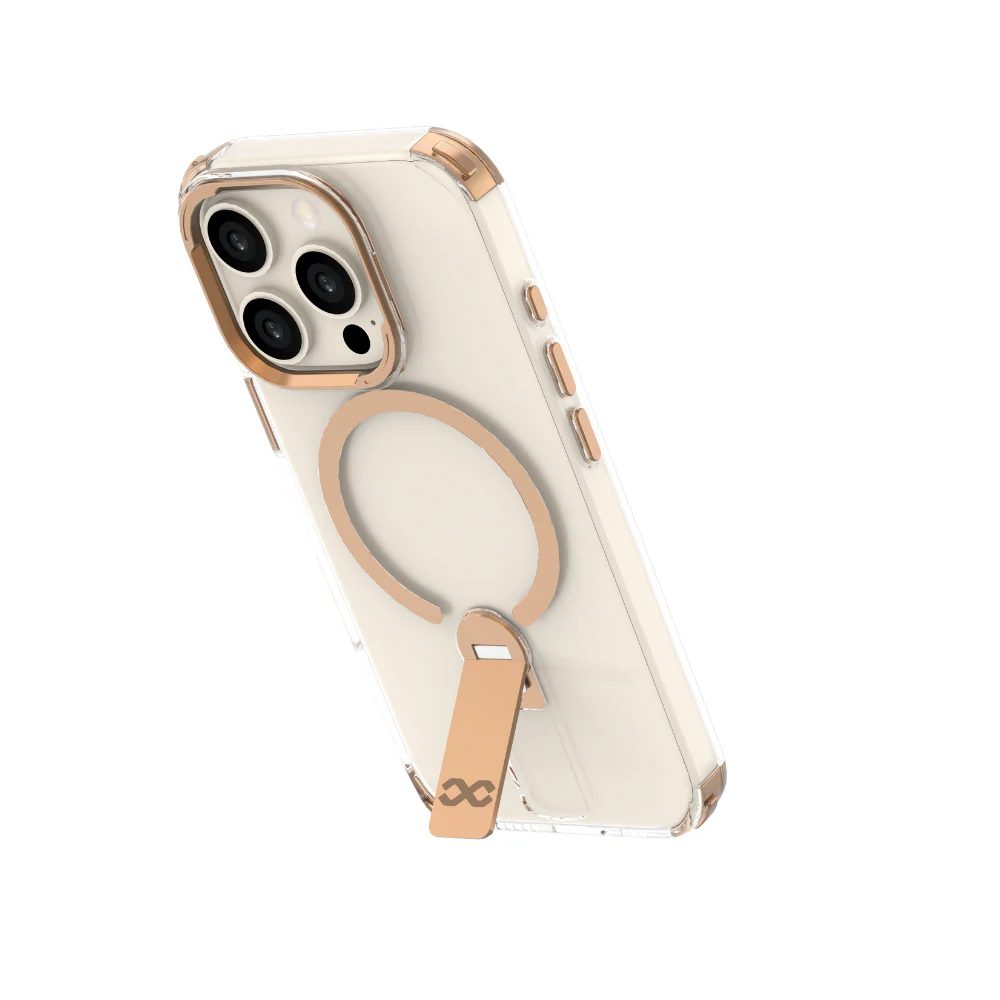 Infinyty Aurum Transparent Case with Gold Metal Camera Ring & Stand for iPhone 16 Pro Max, Desert Titanium - Image 2