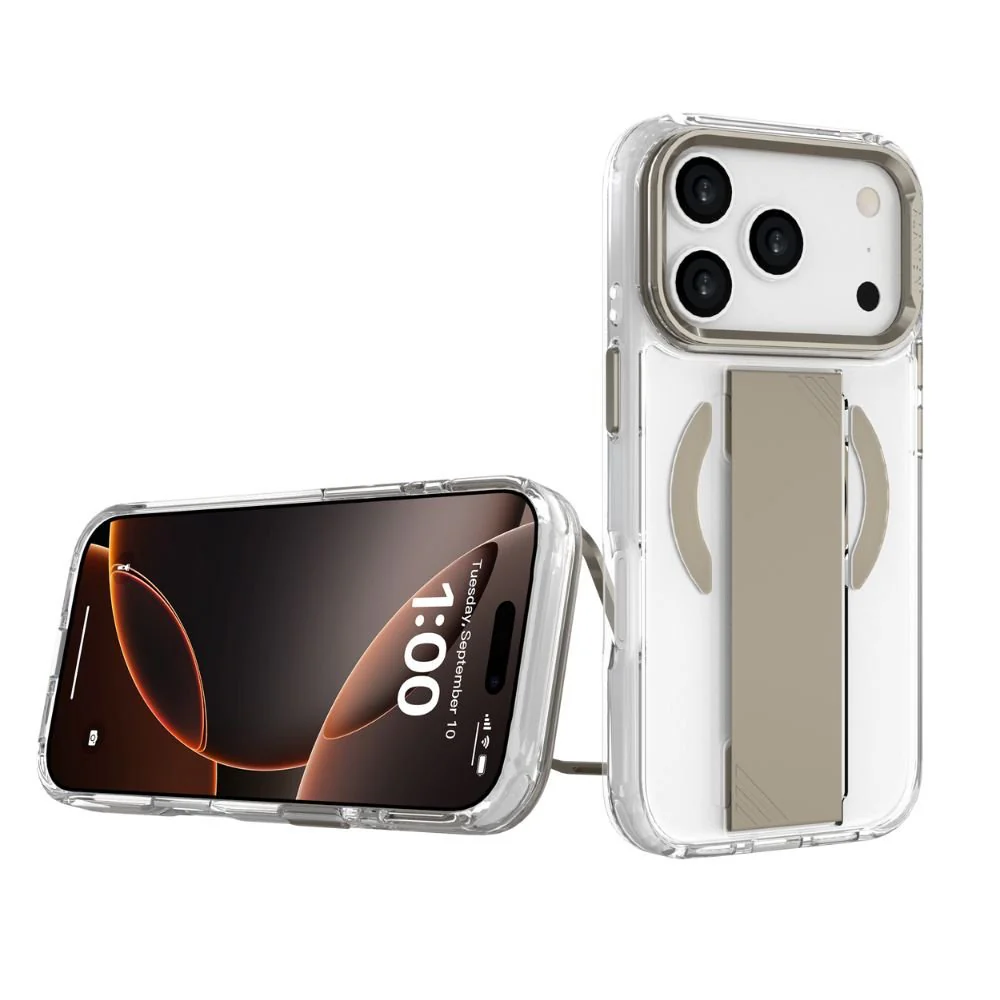Infinyty Grypsta Clear iPhone Case with Natural Titanium Grip and Metallic Camera Stand for iPhone 17 Pro