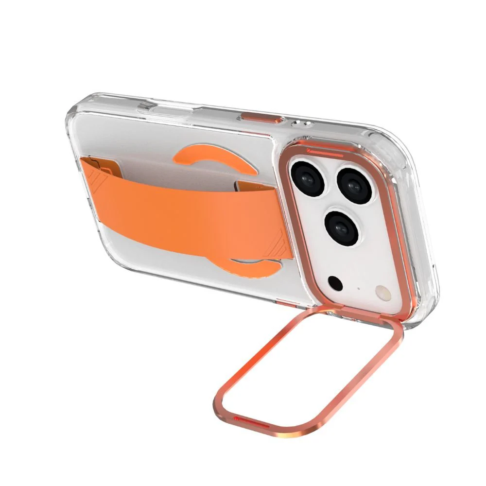 Infinyty Grypsta Clear iPhone Case with Orange Grip and Metallic Camera Stand for iPhone 17 Pro - Image 3