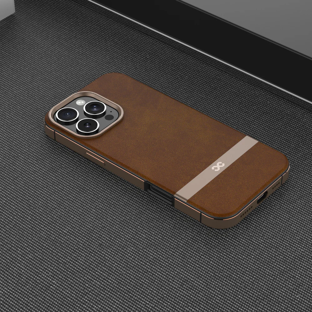 Infinyty Luxe Elite Leather Case with Metal Edges iPhone 16 Pro Max, Brown - Image 2