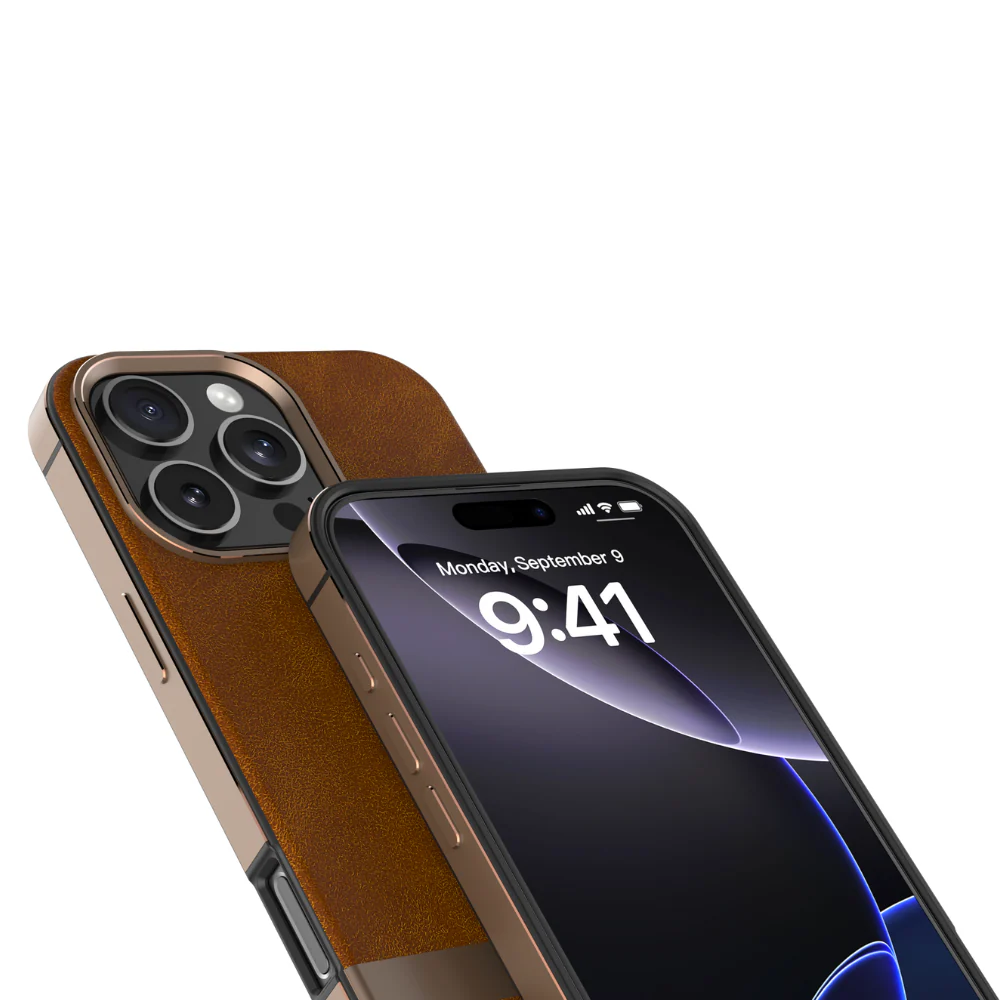 Infinyty Luxe Elite Leather Case with Metal Edges iPhone 16 Pro Max, Brown - Image 5