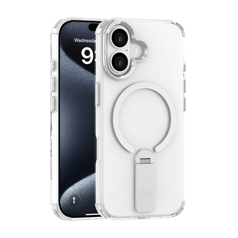 Infinyty Stanzo Transparent Case with Silver Metal Camera Ring & Stand for iPhone 16