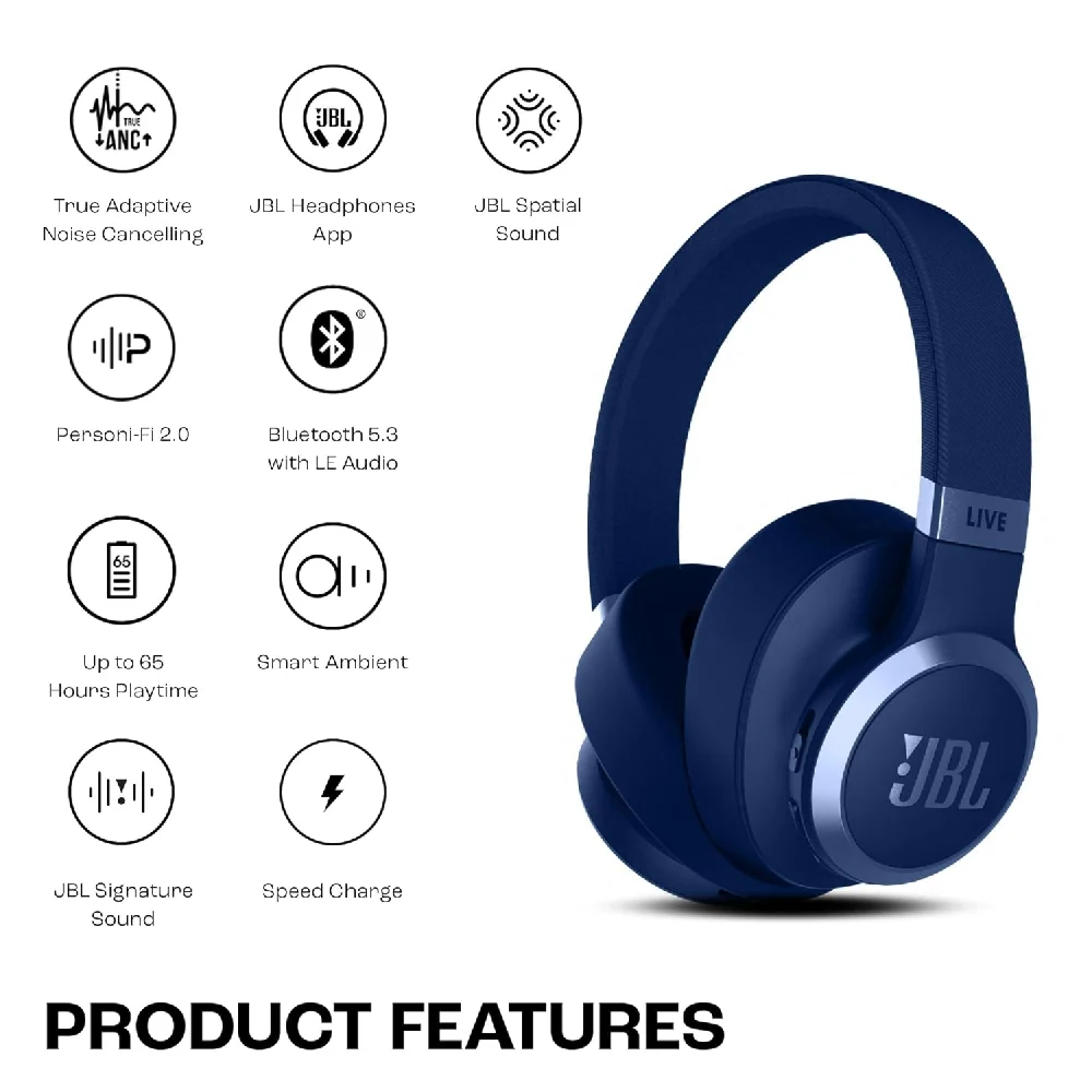 JBL Live 770 Wireless Noise Cancelling On-Ear Headphone Blue - Image 2
