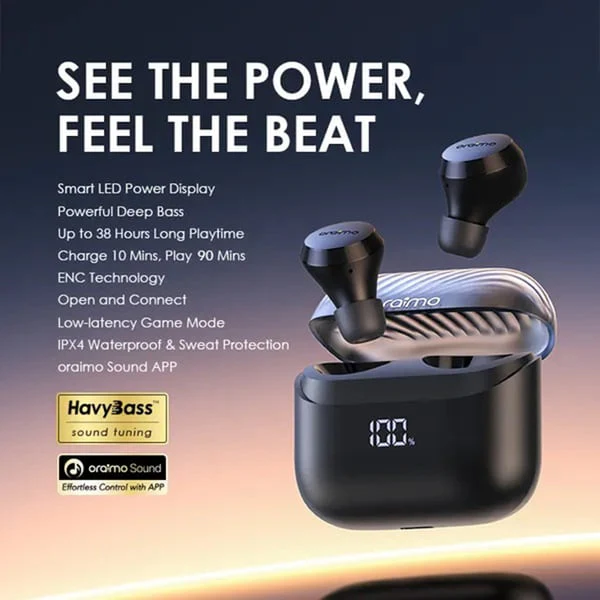 Oraimo  AirBuds 4 TWS True Wireless Earbuds, IPX4 Water Proof, BT V5.3, 300mAh, Black, OTW-340 - Image 5