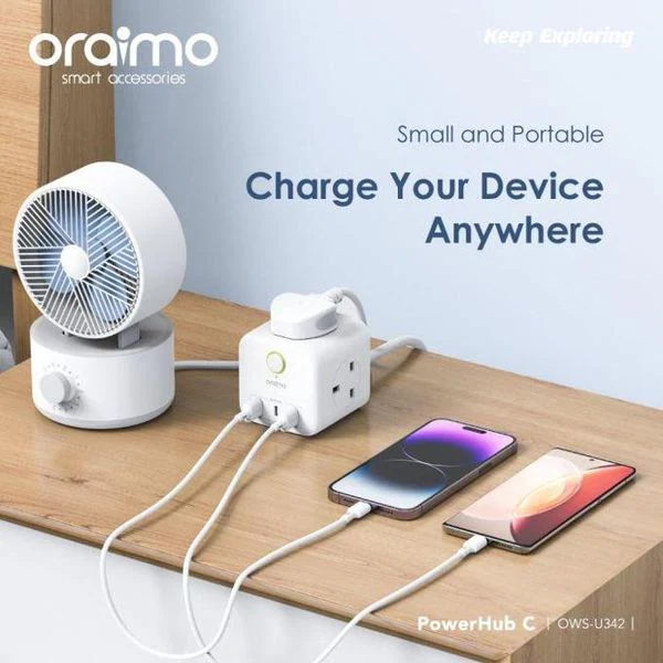 Oraimo  PowerHub C Multi-ports Charging Power Extension, 100V-240V~50Hz 2500W, Output C1+Output A2: 5V/3.4A(Max), White, OWS-U342 - Image 3