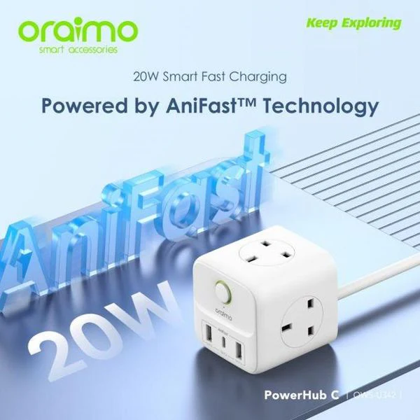 Oraimo  PowerHub C Multi-ports Charging Power Extension, 100V-240V~50Hz 2500W, Output C1+Output A2: 5V/3.4A(Max), White, OWS-U342 - Image 4