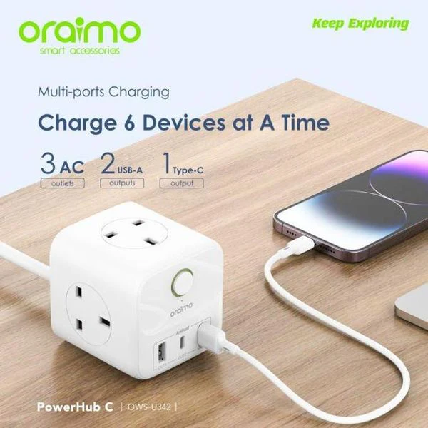 Oraimo  PowerHub C Multi-ports Charging Power Extension, 100V-240V~50Hz 2500W, Output C1+Output A2: 5V/3.4A(Max), White, OWS-U342 - Image 6