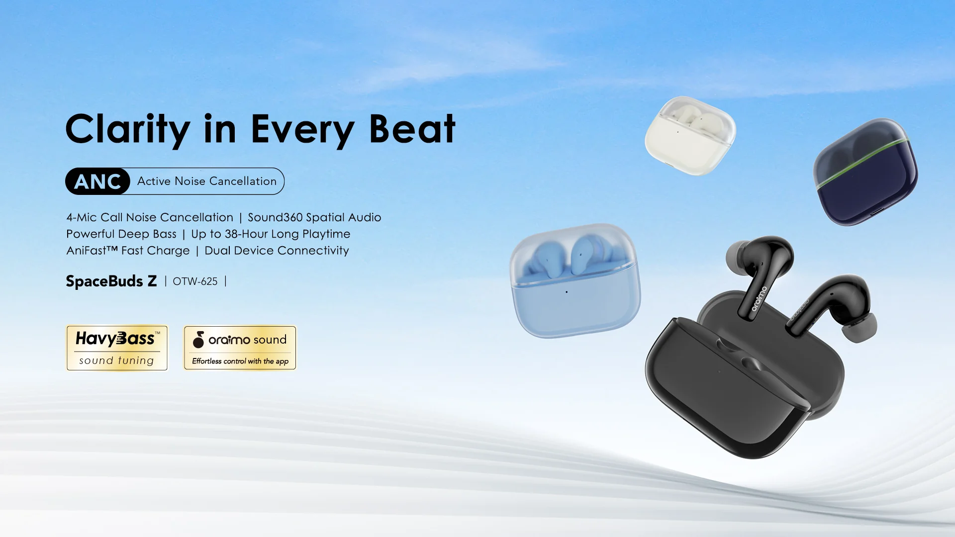 Oraimo SpaceBuds Z ANC True Wireless Earbuds, IPX5 Water Proof, BT V5.4, 300mAh, Blue, OTW-625MBLU