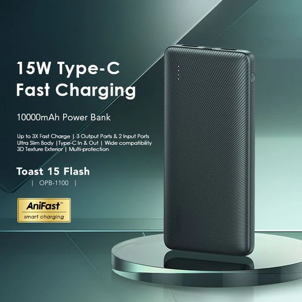Oraimo Toast 15 Dual input Power Bank, 15W Type-C IN & OUT, Fast Charging, 20,000 mAh, Black, OPB-1100