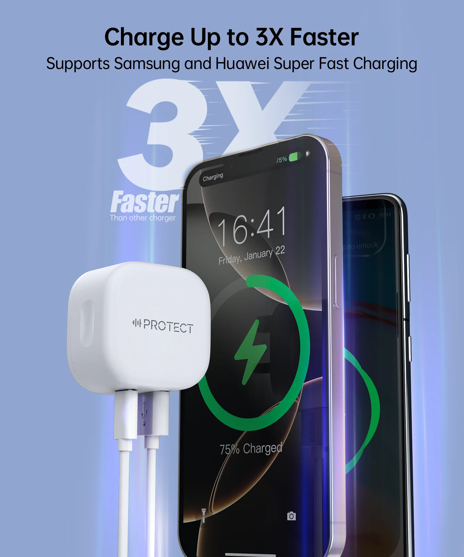 PROTECT  Dual Output GAN Power Adapter, 32W, Fast Chaging, Type C, USB A, White, PD6032 - Image 2