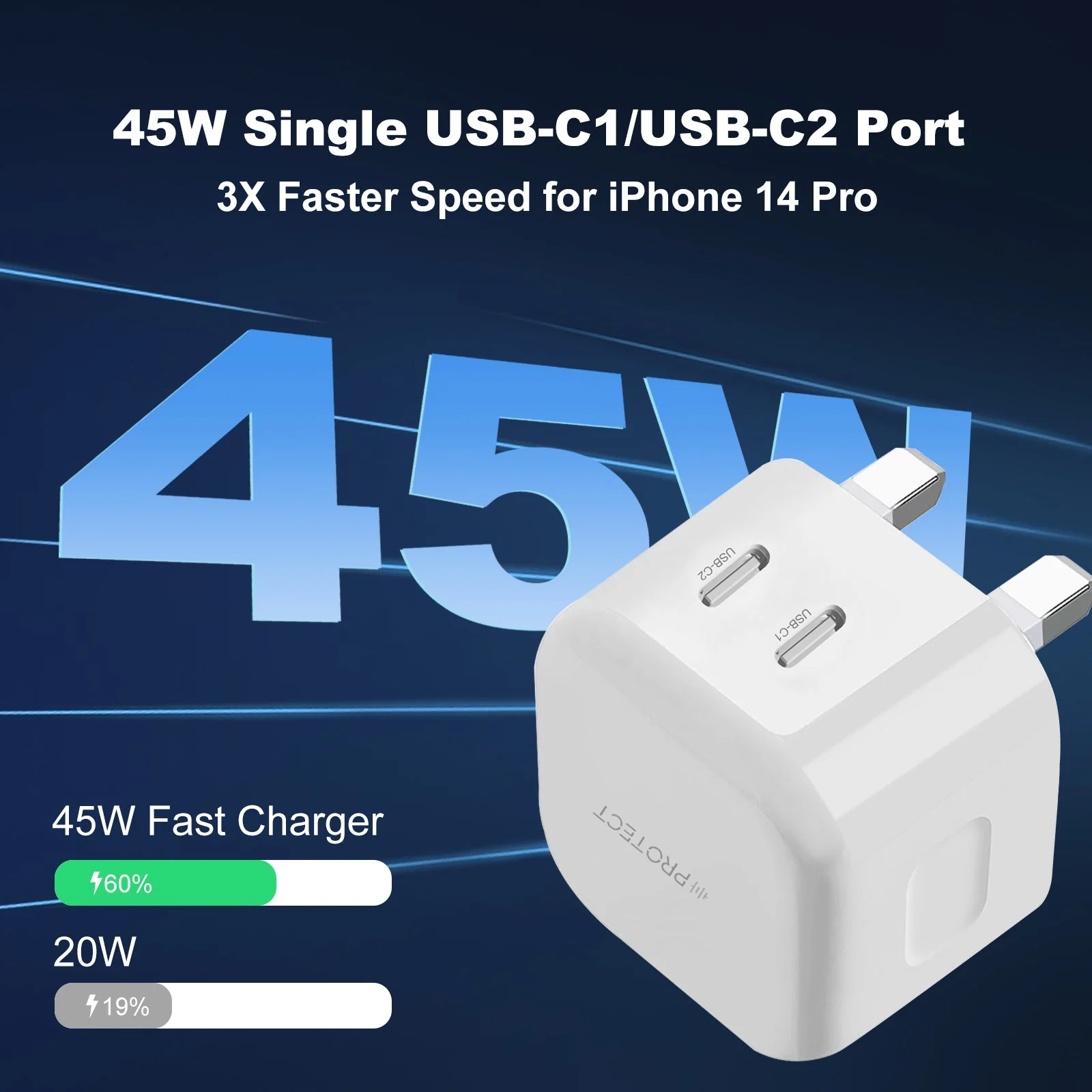 PROTECT Dual Type C GAN Power Adapter, 45W, Fast charging, Dual output, Type C, White, PD6050 - Image 2