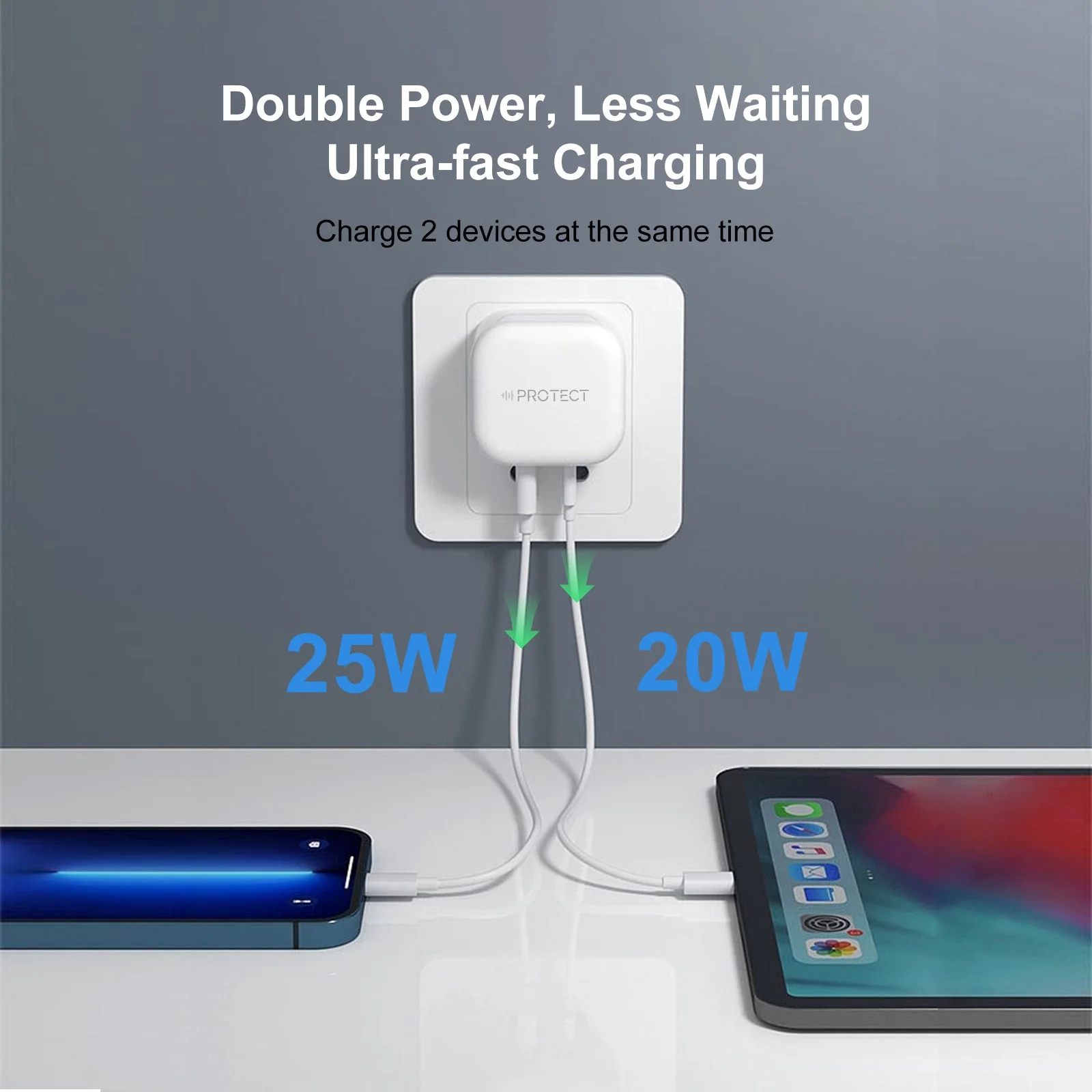 PROTECT Dual Type C GAN Power Adapter, 45W, Fast charging, Dual output, Type C, White, PD6050 - Image 3