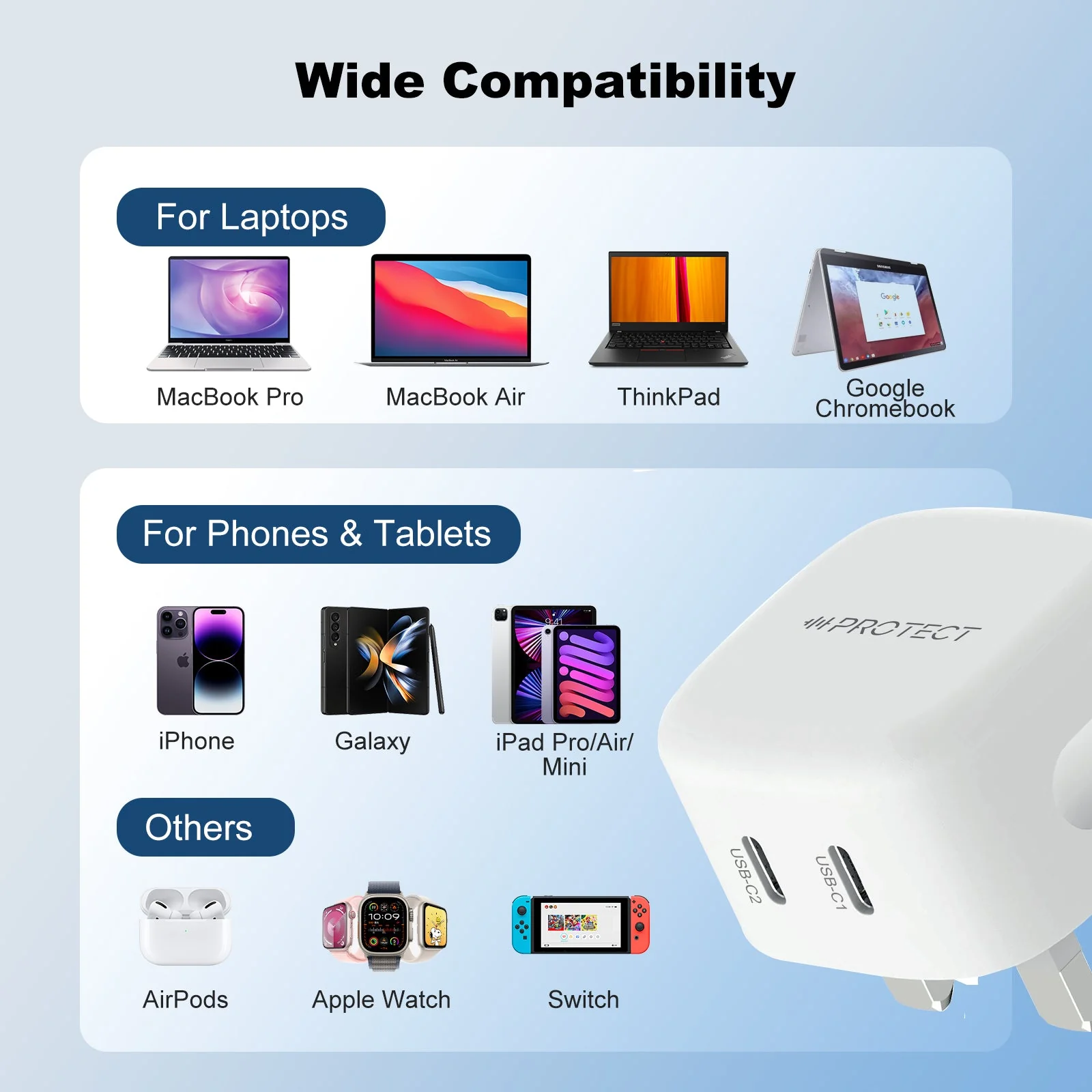 PROTECT Dual Type C GAN Power Adapter, 45W, Fast charging, Dual output, Type C, White, PD6050 - Image 4