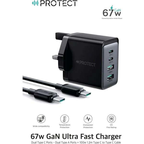 Protect GaN Ultra Dual Type C Ports Power Adapter, Dual Type A USB Ports, 100W Cable included, Grey, TCG02 - Image 2