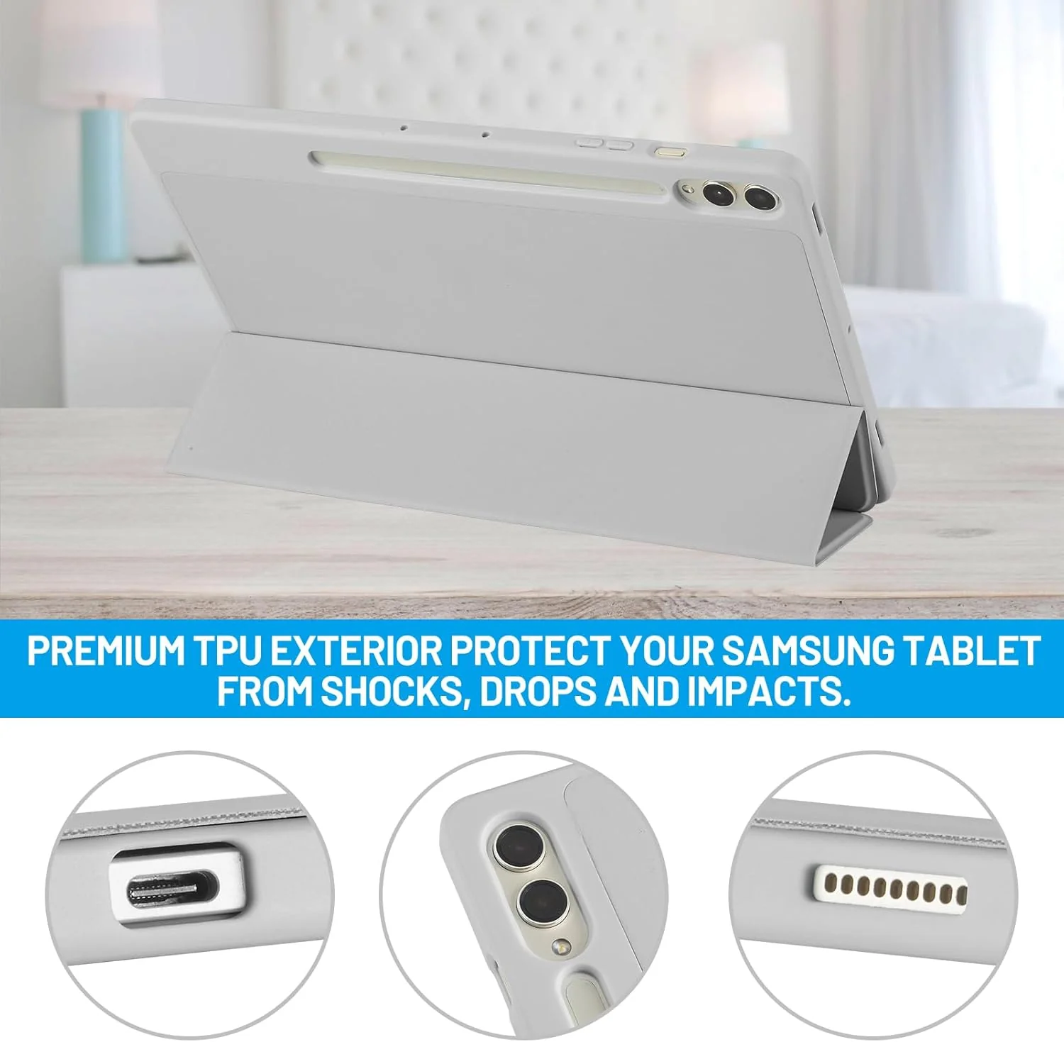 PROTECT  Samsung Tab S10 Ultra Protective Tablet Cover, Silcon, Trifold Stand , Auto Wakeup Sleep, Pen Slot, Grey, PSTS10UGRY - Image 5