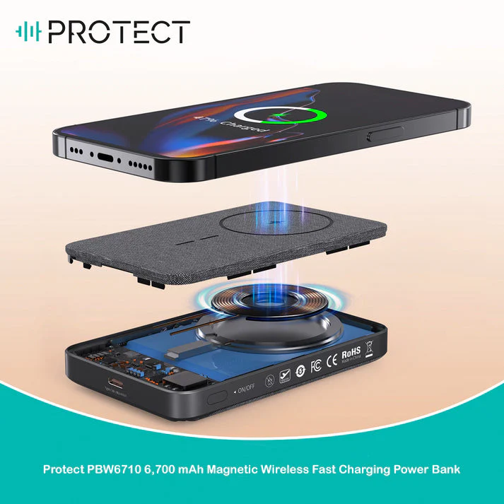 PROTECT  Slim Magsafe Power Bank, Wireless, 15W Fast charging , 6,700 mAh, Premium fabric, with stand, Grey, PBW6710 - Image 2