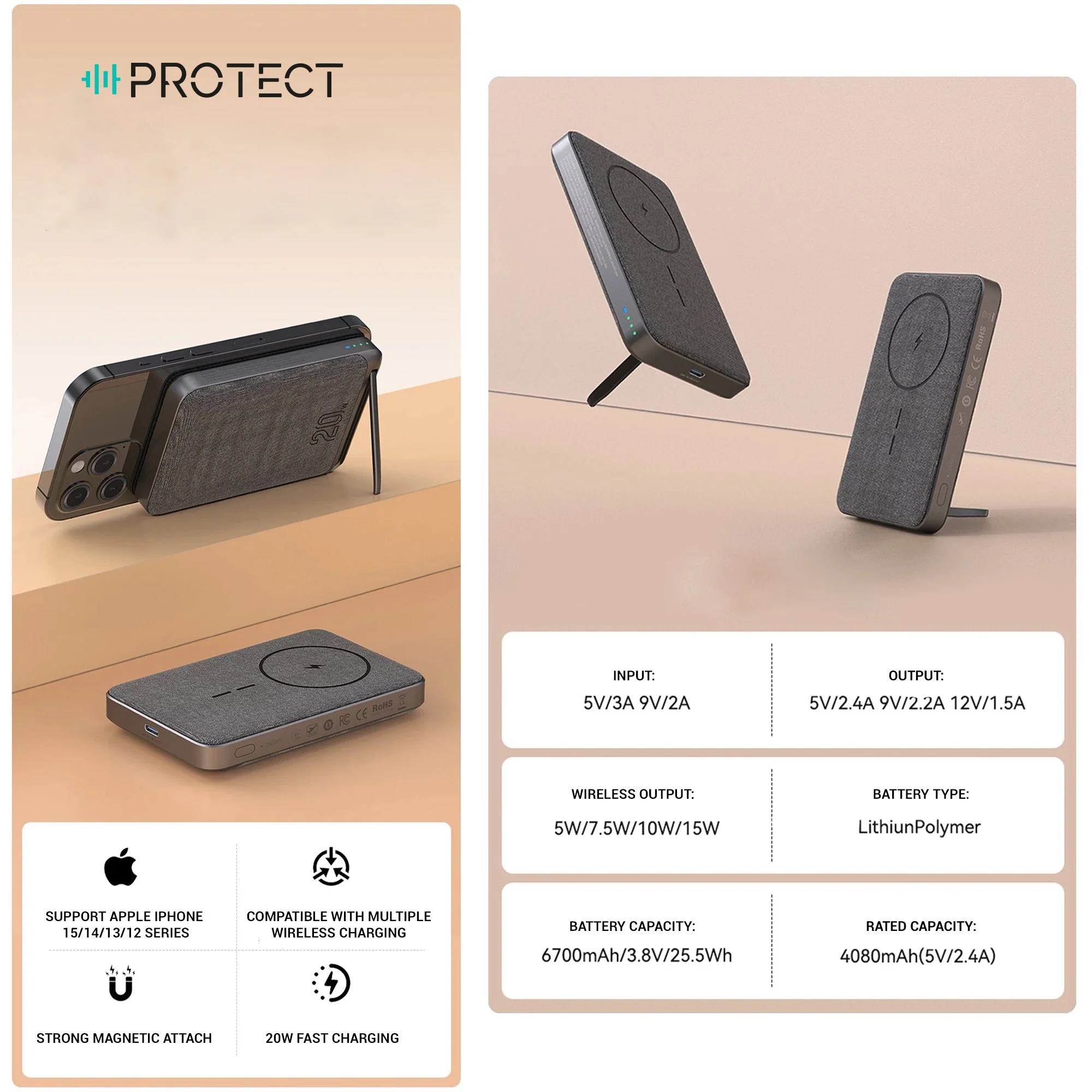 PROTECT  Slim Magsafe Power Bank, Wireless, 15W Fast charging , 6,700 mAh, Premium fabric, with stand, Grey, PBW6710 - Image 3