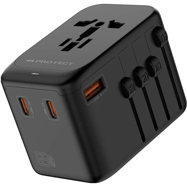 PROTECT Travel Essential Universal Adapter, 65W, Charging, USA EU UK AU, Type C Output, USB A Output, Black, PQ65