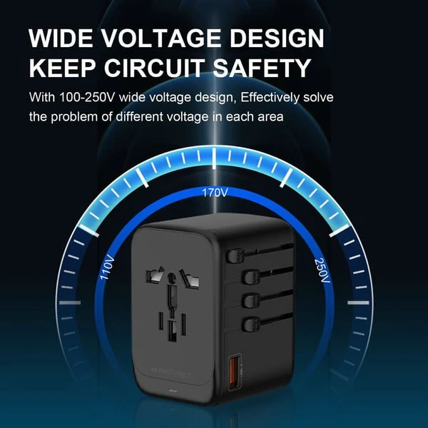 PROTECT Travel Essential Universal Adapter, 65W, Charging, USA EU UK AU, Type C Output, USB A Output, Black, PQ65 - Image 2