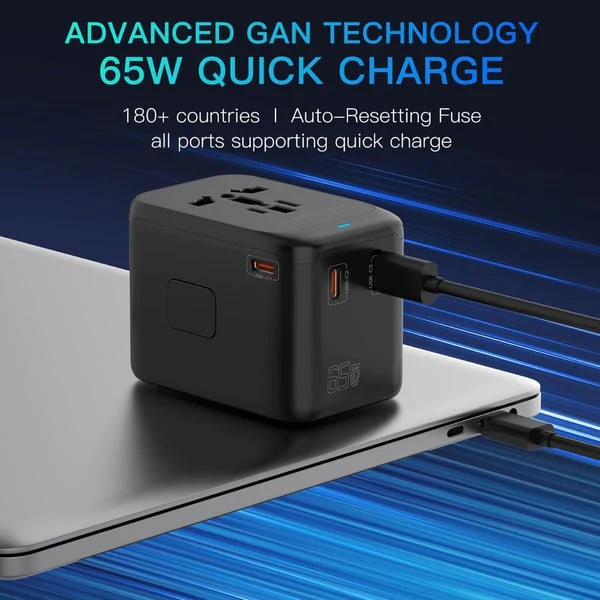 PROTECT Travel Essential Universal Adapter, 65W, Charging, USA EU UK AU, Type C Output, USB A Output, Black, PQ65 - Image 4