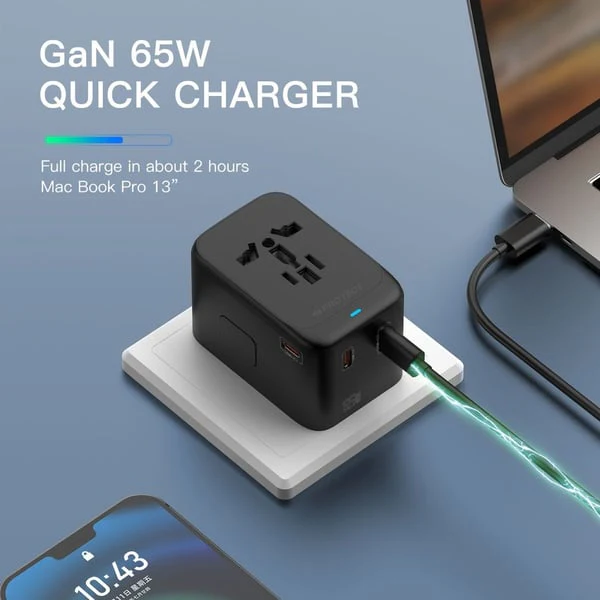 PROTECT Travel Essential Universal Adapter, 65W, Charging, USA EU UK AU, Type C Output, USB A Output, Black, PQ65 - Image 5