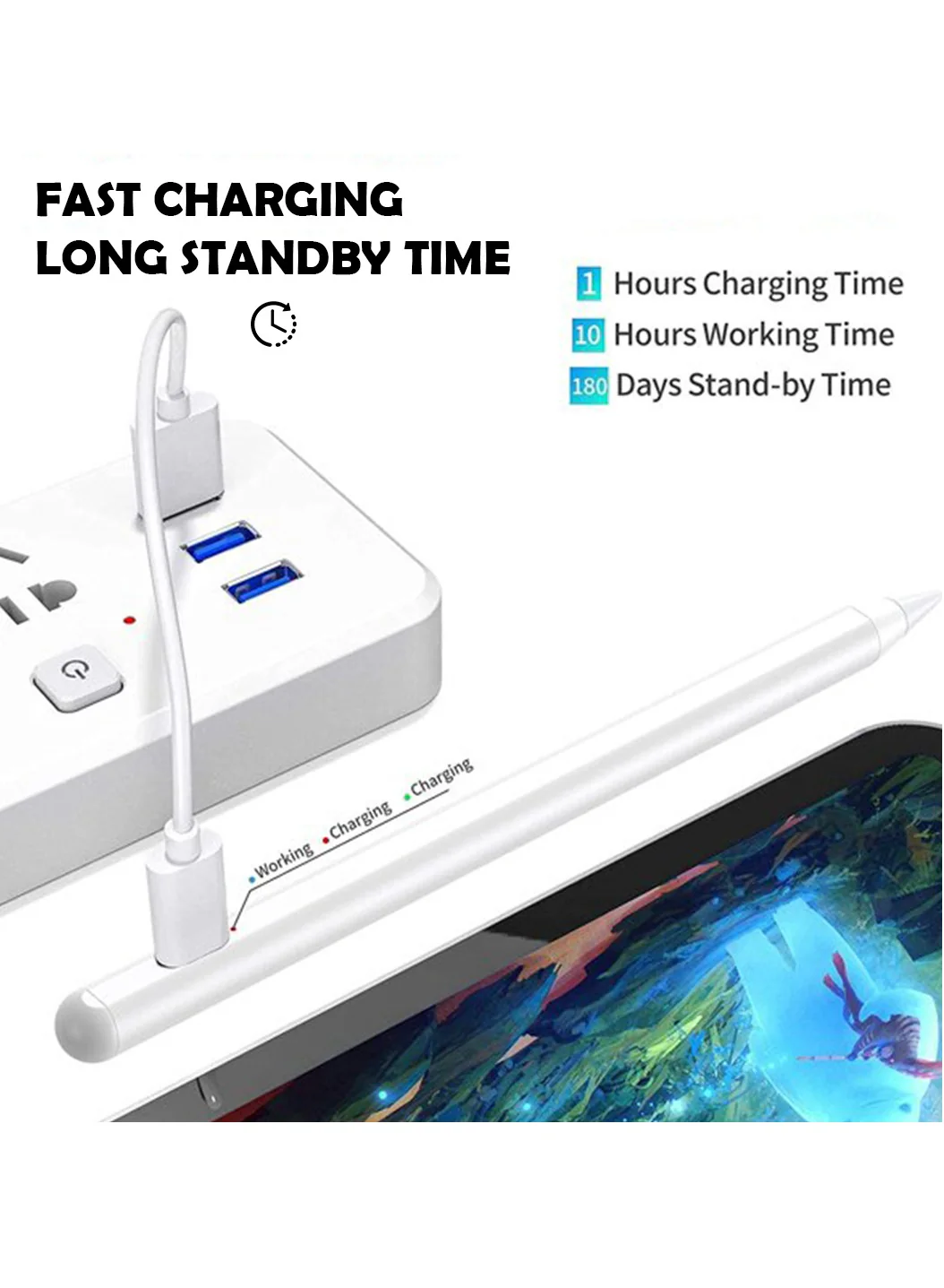 PROTECT Universal Pencil Stylus Pen, Type C Charging, With Type C Cable, White, PPK08 - Image 2