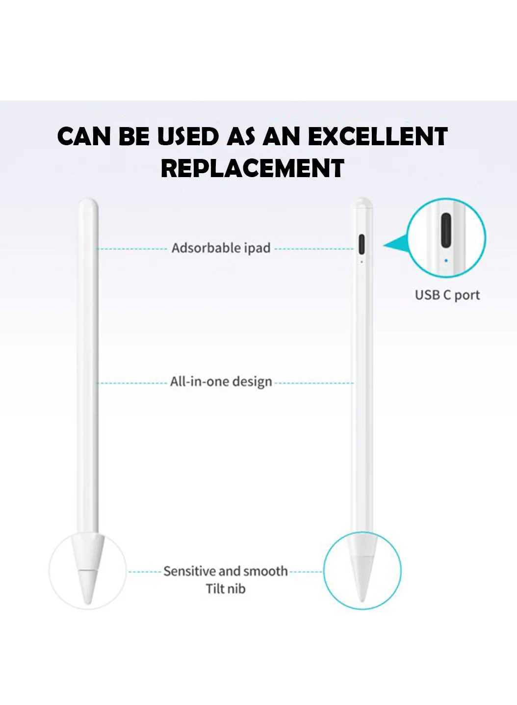 PROTECT Universal Pencil Stylus Pen, Type C Charging, With Type C Cable, White, PPK08 - Image 4
