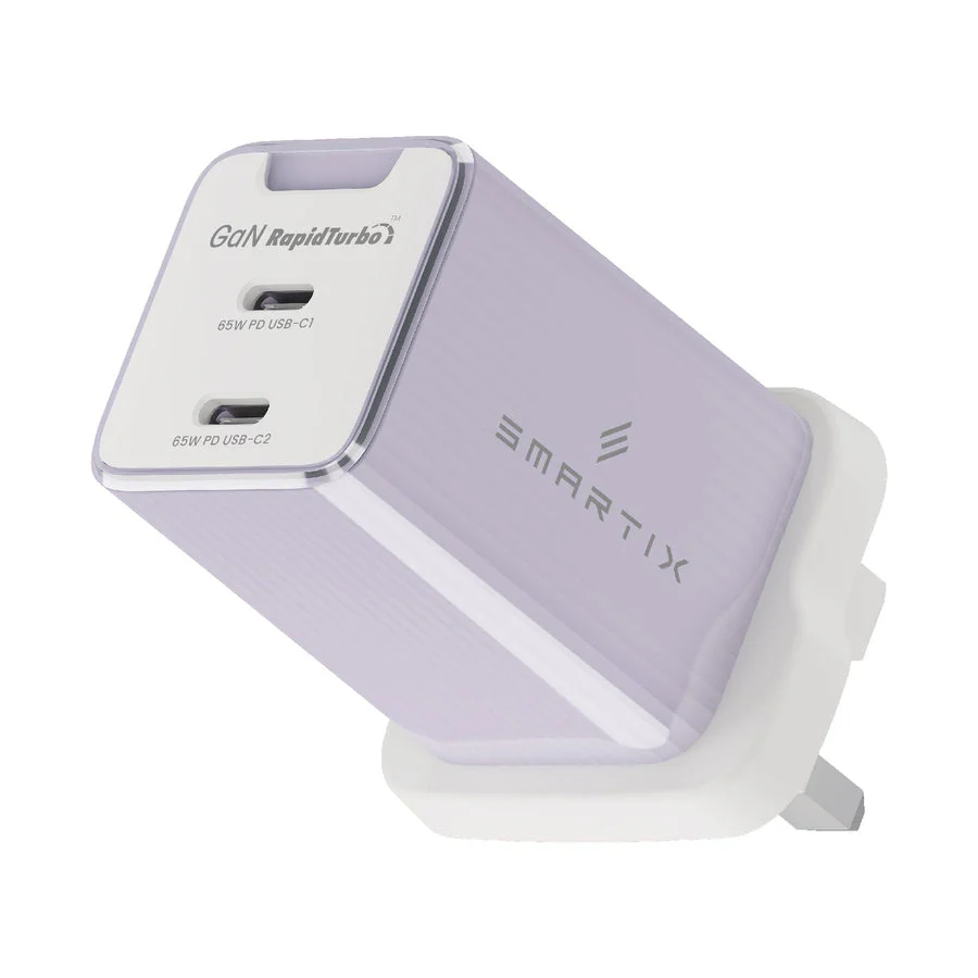 Smartix Premium 65W GaN Wall Adaptor - 2 x 65W PD for USB-C, IntelliCharge Technology, Purple